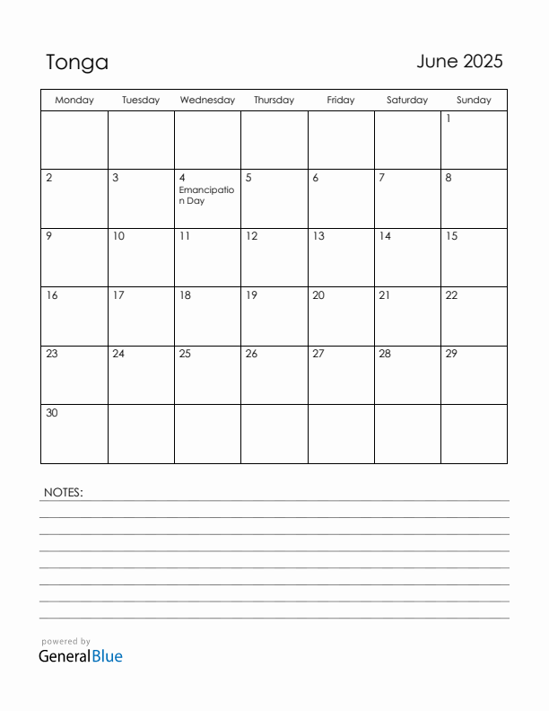 June 2025 Tonga Calendar with Holidays (Monday Start)