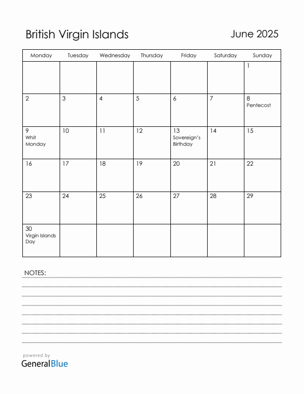 June 2025 British Virgin Islands Calendar with Holidays (Monday Start)