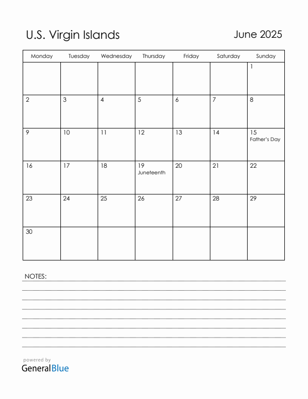 June 2025 U.S. Virgin Islands Calendar with Holidays (Monday Start)