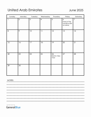 Current month calendar with United Arab Emirates holidays for June 2025
