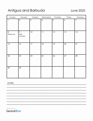 Current month calendar with Antigua and Barbuda holidays for June 2025