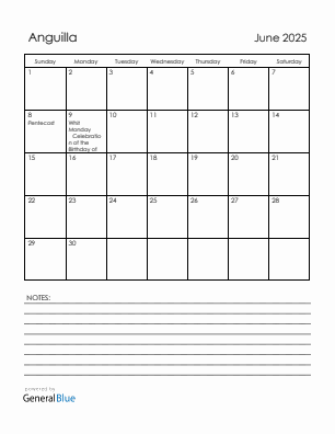 Current month calendar with Anguilla holidays for June 2025