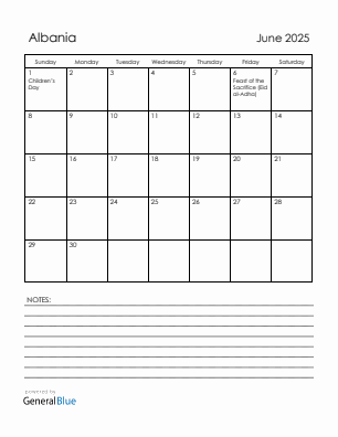 Current month calendar with Albania holidays for June 2025