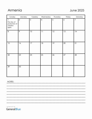 Current month calendar with Armenia holidays for June 2025