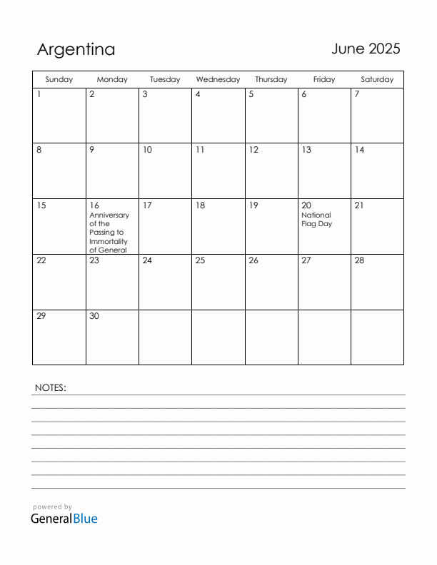 June 2025 Argentina Calendar with Holidays (Sunday Start)