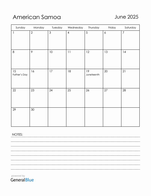 June 2025 American Samoa Calendar with Holidays (Sunday Start)