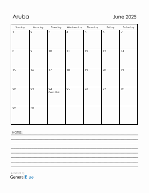 Current month calendar with Aruba holidays for June 2025