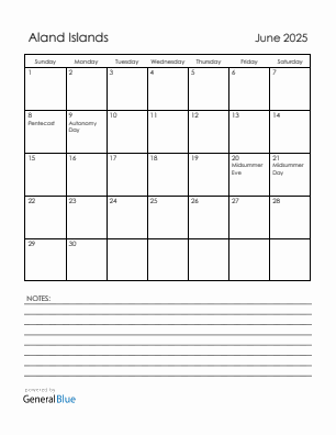 Current month calendar with Aland Islands holidays for June 2025
