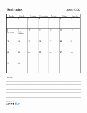 Current month calendar with Barbados holidays for June 2025
