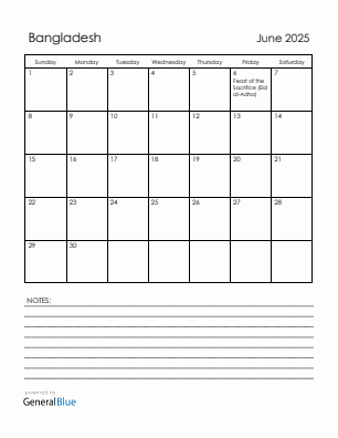 Current month calendar with Bangladesh holidays for June 2025