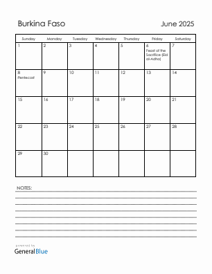 Current month calendar with Burkina Faso holidays for June 2025