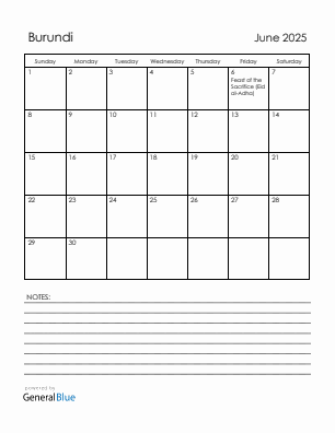 Current month calendar with Burundi holidays for June 2025