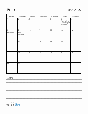 Current month calendar with Benin holidays for June 2025