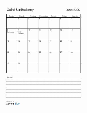 Current month calendar with Saint Barthelemy holidays for June 2025