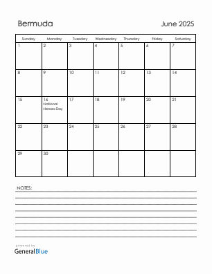 Current month calendar with Bermuda holidays for June 2025