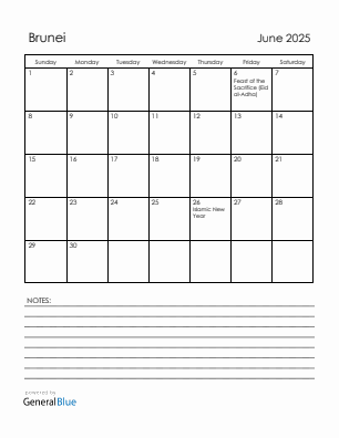 Current month calendar with Brunei holidays for June 2025