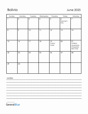 Current month calendar with Bolivia holidays for June 2025
