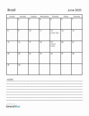 Current month calendar with Brazil holidays for June 2025