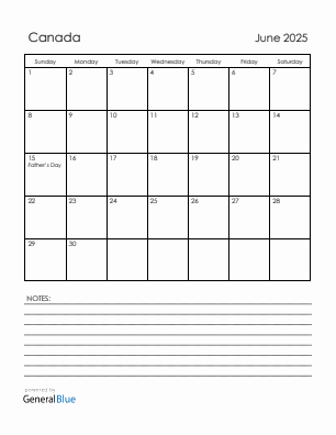 Current month calendar with Canada holidays for June 2025