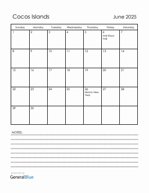 Current month calendar with Cocos Islands holidays for June 2025