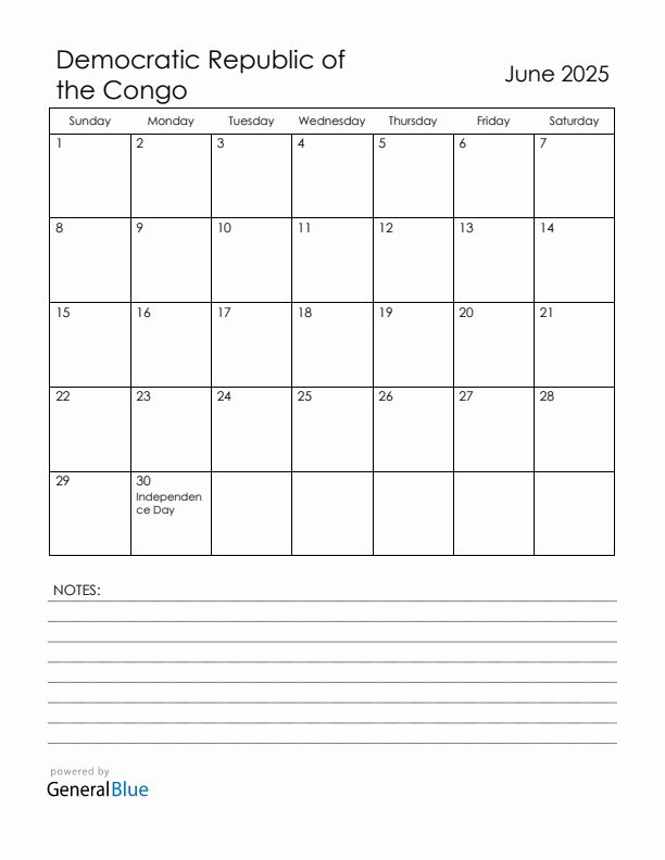 June 2025 Democratic Republic of the Congo Calendar with Holidays (Sunday Start)