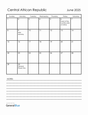 Current month calendar with Central African Republic holidays for June 2025