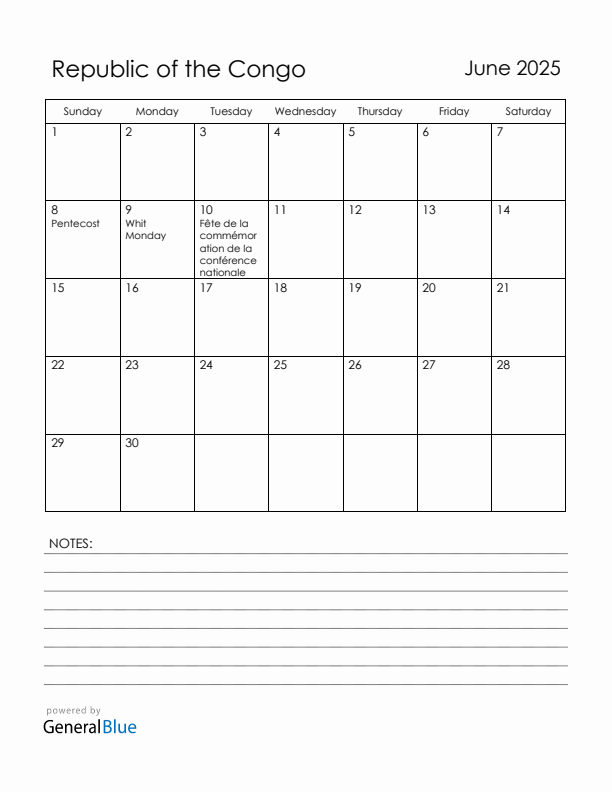 June 2025 Republic of the Congo Calendar with Holidays (Sunday Start)