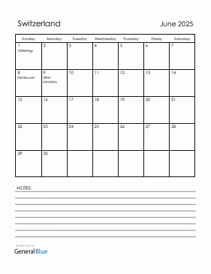 Current month calendar with Switzerland holidays for June 2025