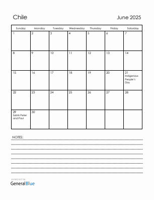 Current month calendar with Chile holidays for June 2025