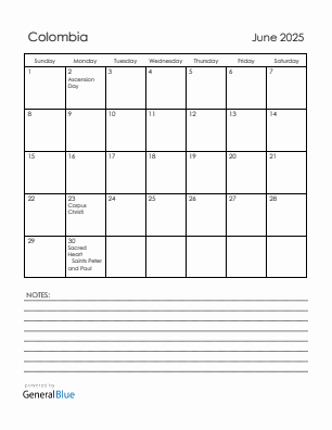 Current month calendar with Colombia holidays for June 2025