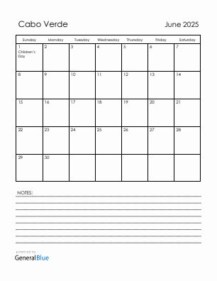 Current month calendar with Cabo Verde holidays for June 2025