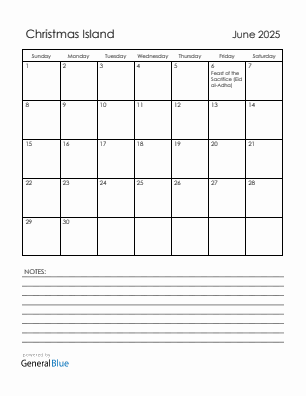 Current month calendar with Christmas Island holidays for June 2025