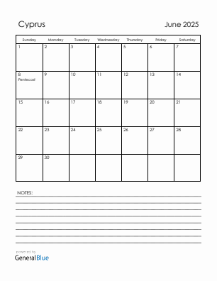 Current month calendar with Cyprus holidays for June 2025