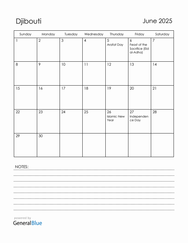 June 2025 Djibouti Calendar with Holidays (Sunday Start)