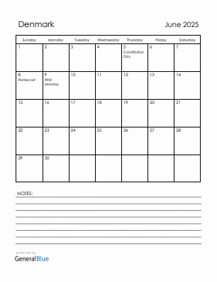 Current month calendar with Denmark holidays for June 2025