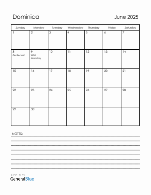 Current month calendar with Dominica holidays for June 2025