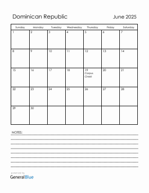 Current month calendar with Dominican Republic holidays for June 2025