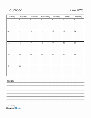 Current month calendar with Ecuador holidays for June 2025