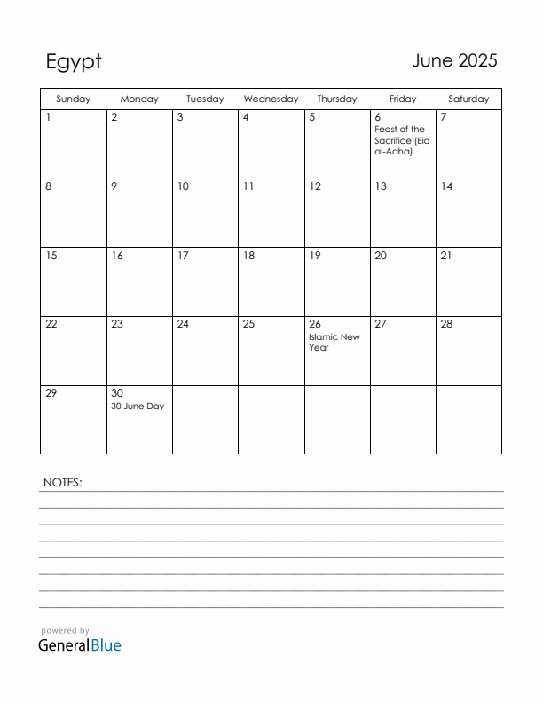 June 2025 Egypt Calendar with Holidays (Sunday Start)