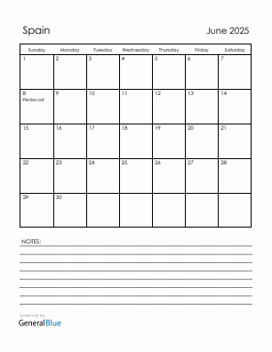 Current month calendar with Spain holidays for June 2025