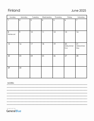 Current month calendar with Finland holidays for June 2025