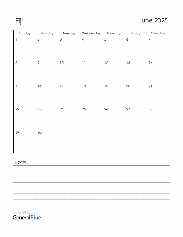 June 2025 Fiji Calendar with Holidays (Sunday Start)