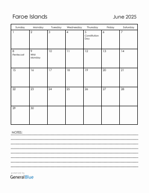 Current month calendar with Faroe Islands holidays for June 2025