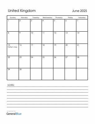 Current month calendar with United Kingdom holidays for June 2025