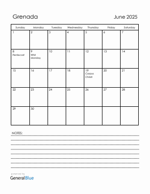 Current month calendar with Grenada holidays for June 2025