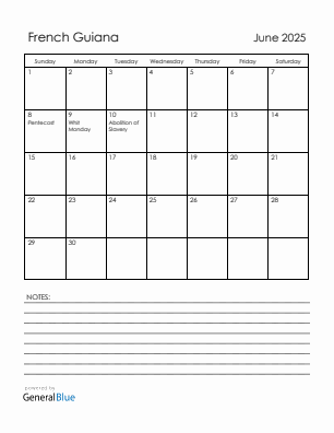 Current month calendar with French Guiana holidays for June 2025