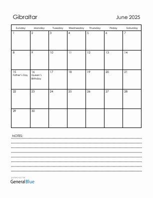 Current month calendar with Gibraltar holidays for June 2025