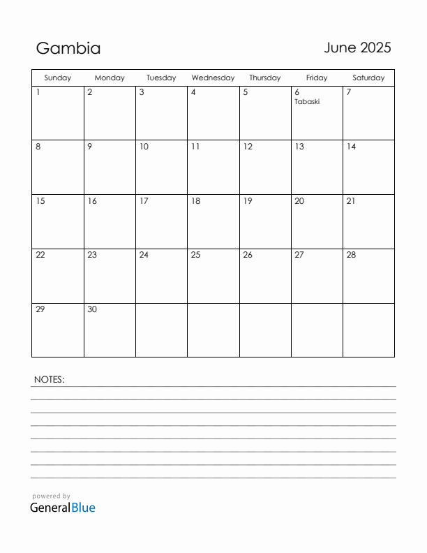June 2025 Gambia Calendar with Holidays (Sunday Start)