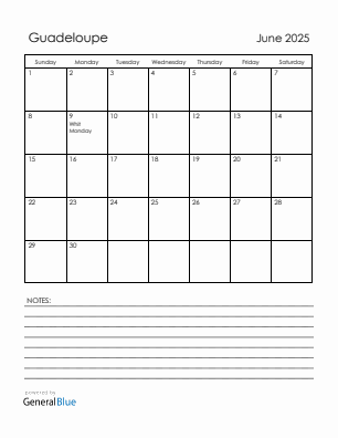 Current month calendar with Guadeloupe holidays for June 2025