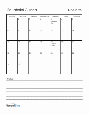Current month calendar with Equatorial Guinea holidays for June 2025